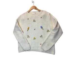Mango Cropped Sweater XXL Hand-Embroidered Flowers Textured Knit Round Neck